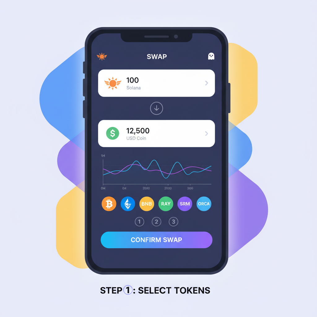 DEX swap interface on Solana Seeker phone, SOL to USDC exchange graph, vibrant token icons