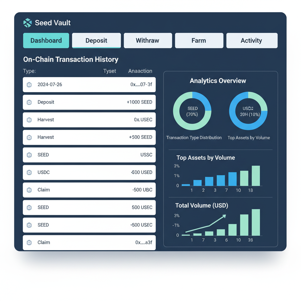 Activity tracking tab on Seed Vault, on-chain transaction history list, analytics overview
