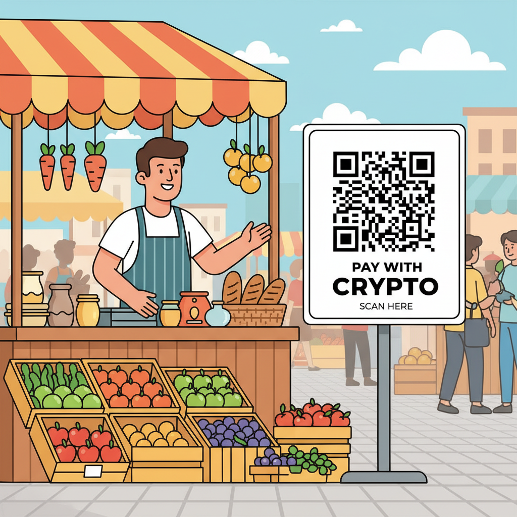 busy market stall displaying large printed QR code for crypto payments
