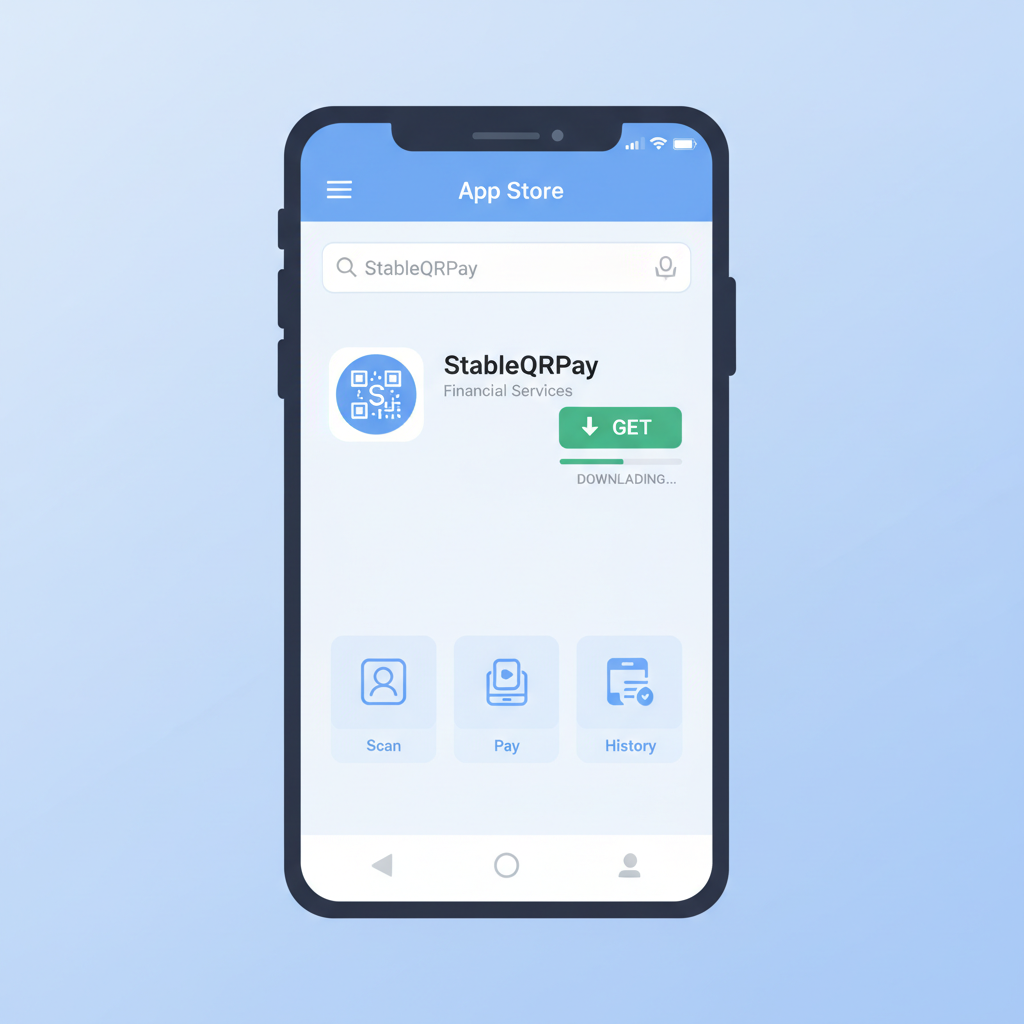 smartphone downloading StableQRPay app from app store, clean modern interface