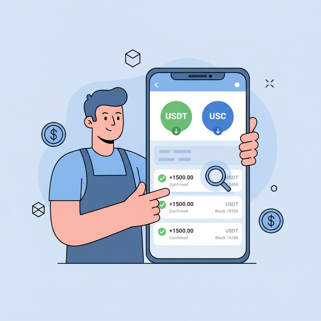 merchant phone checking blockchain explorer for incoming USDT USDC transactions