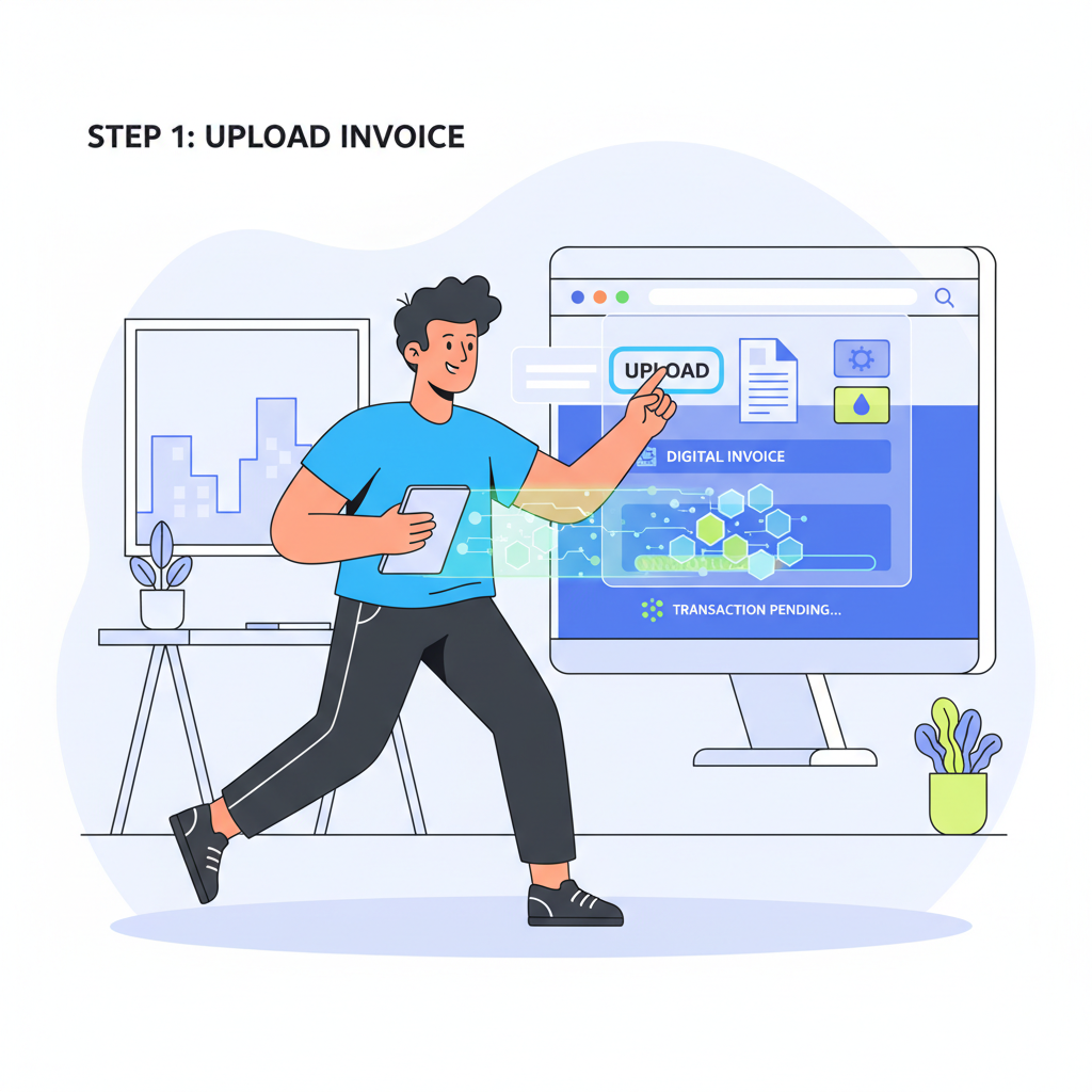 energetic SME business owner uploading digital invoice on modern web dashboard, blockchain glow, fast action vibe