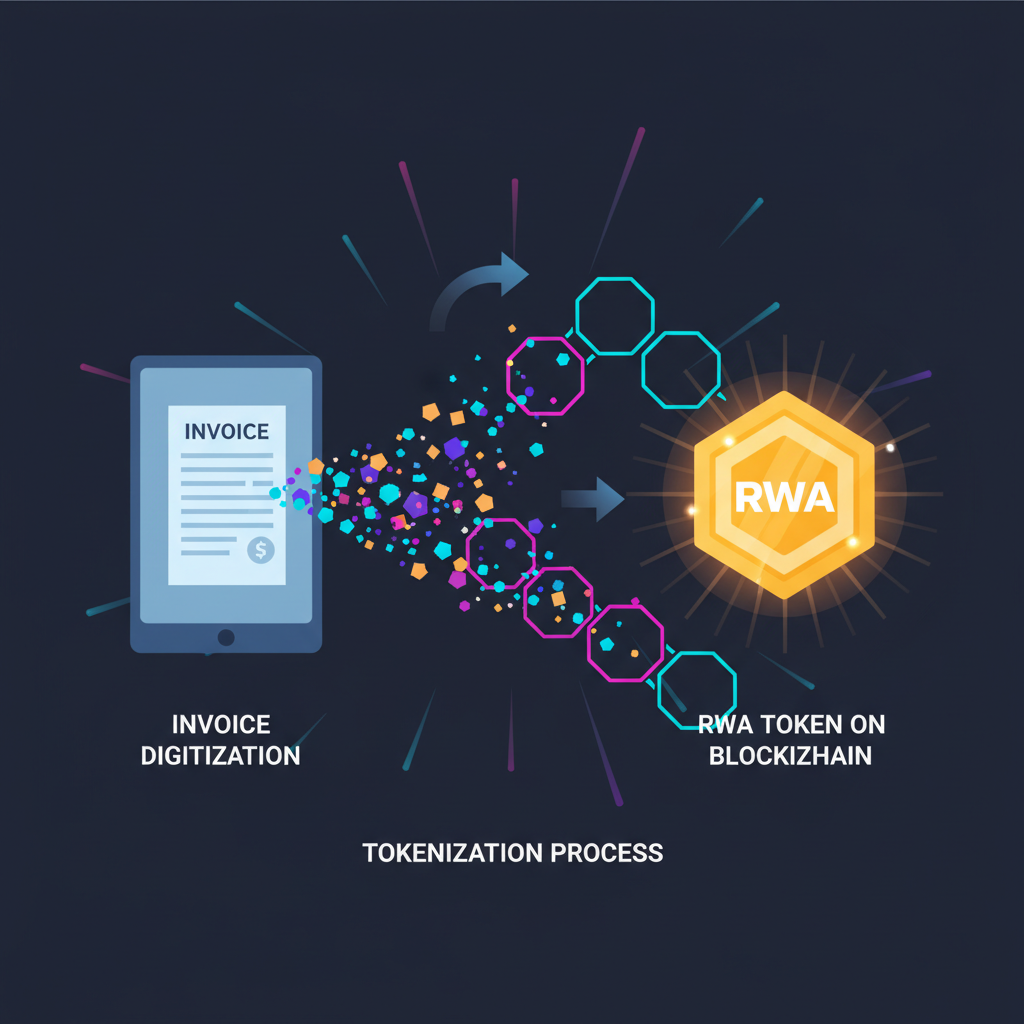 invoice transforming into glowing RWA token on blockchain, futuristic tokenization process, vibrant energy
