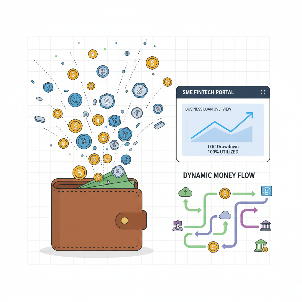 stablecoins exploding from wallet instantly, SME dashboard showing LOC drawdown, dynamic money flow