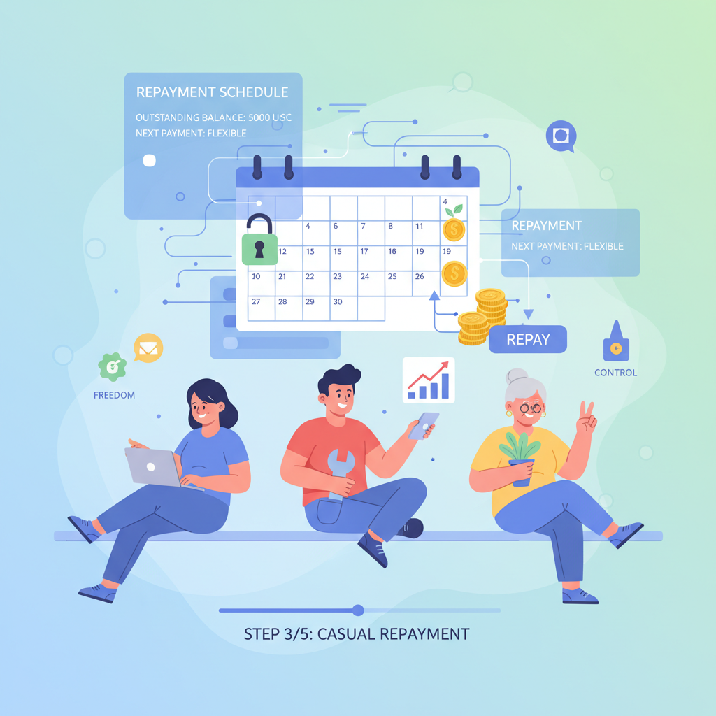flexible repayment calendar on blockchain app, SME repaying stablecoins casually, freedom vibe