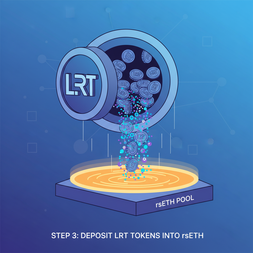 vault door opening to pour LRT tokens into glowing rsETH pool, digital particles