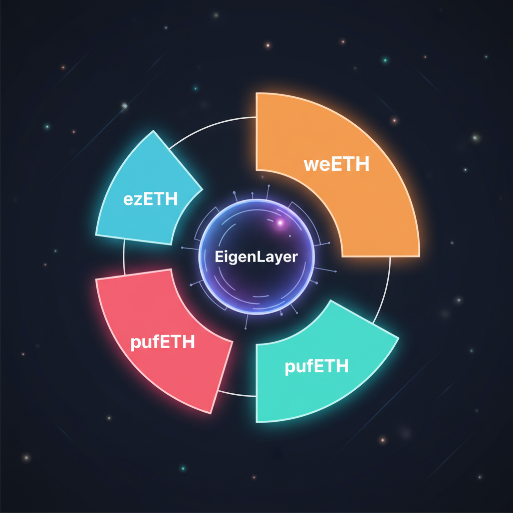 colorful pie chart of LRT tokens weETH ezETH pufETH orbiting EigenLayer core, futuristic glow