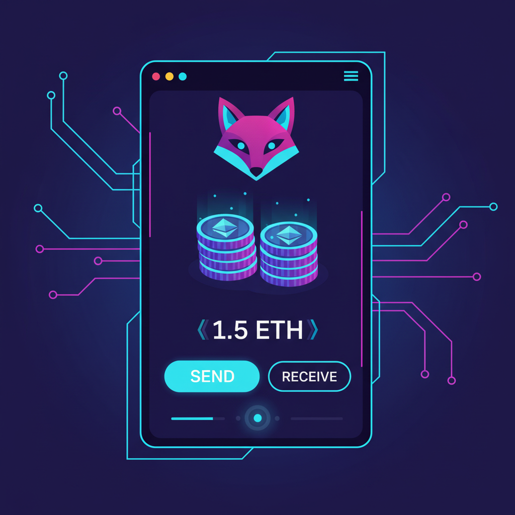 sleek metamask wallet interface glowing with ETH coins, cyberpunk neon blues