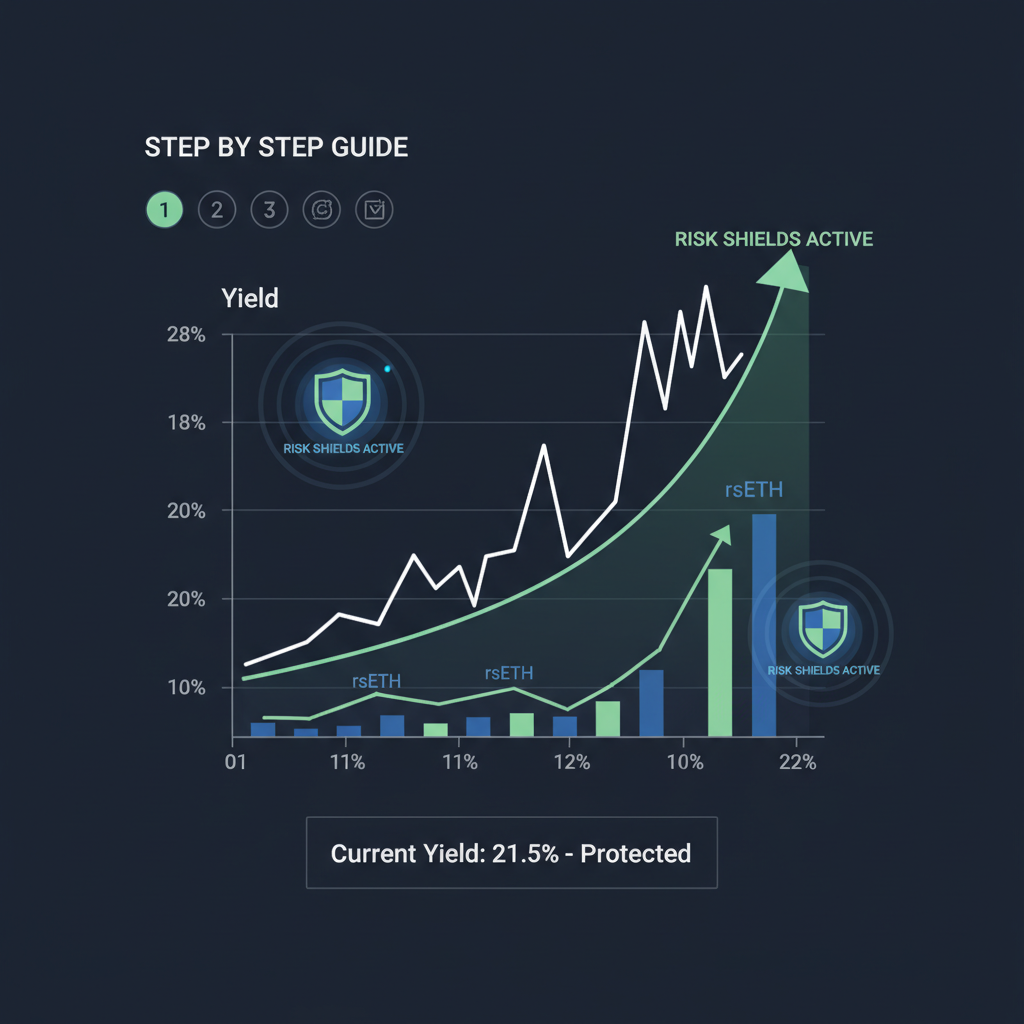 yield graph spiking 18-22% with rsETH charts, risk shields active, dark mode UI