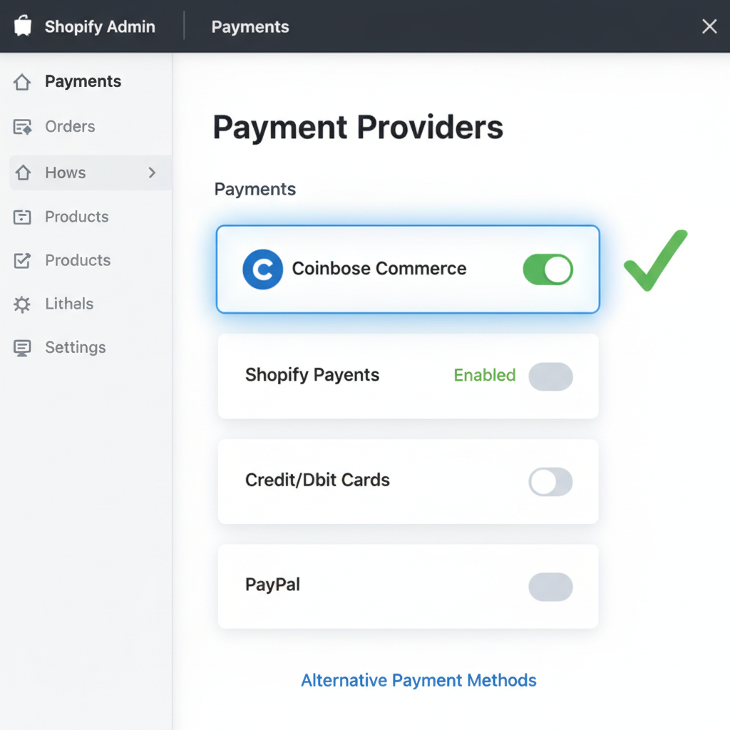 Shopify admin payments settings page with Coinbase Commerce highlighted and enabled toggle switched on, green checkmark, intuitive UI