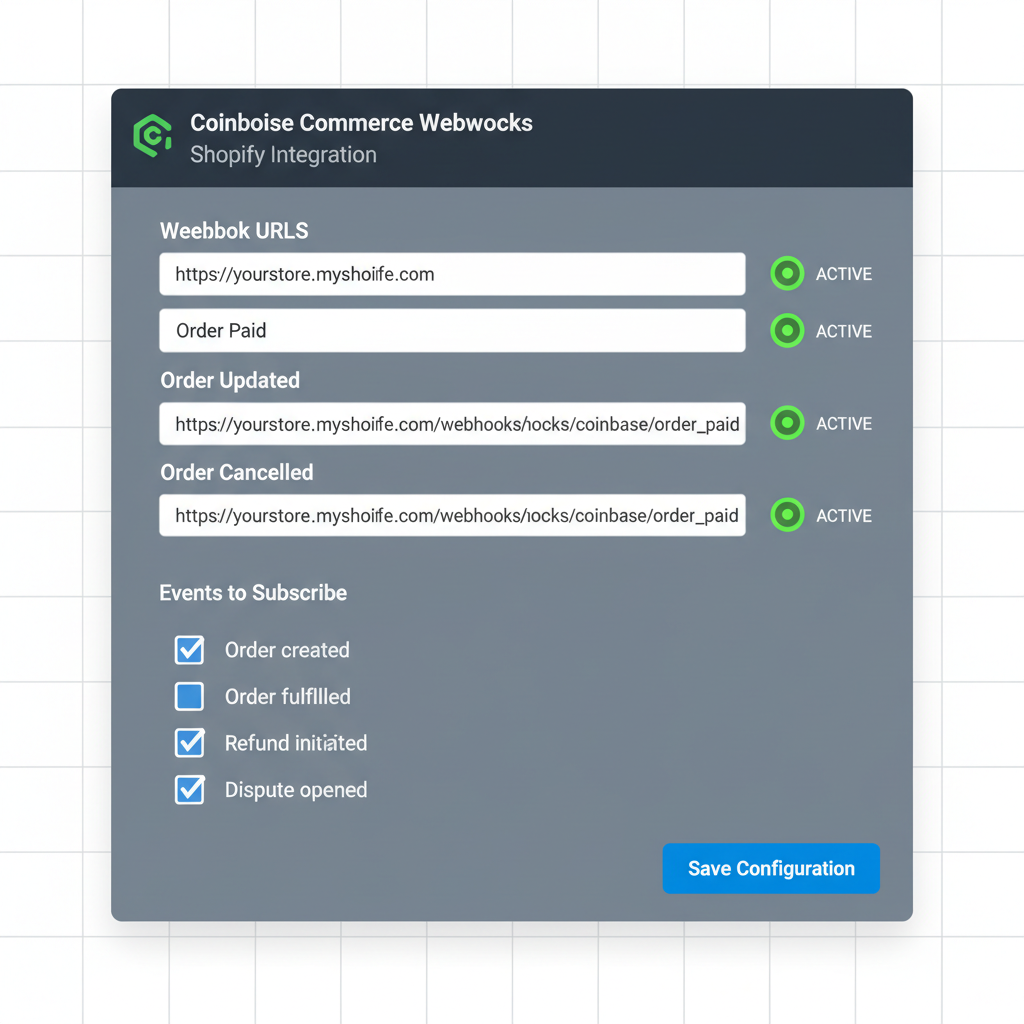 Coinbase Commerce webhook configuration dashboard integrated with Shopify, input fields for URLs and events, active status indicators, tech UI