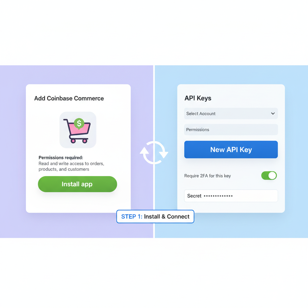 screenshot split view: Shopify app install button and Coinbase dashboard API key generation page, secure setup interface, modern design