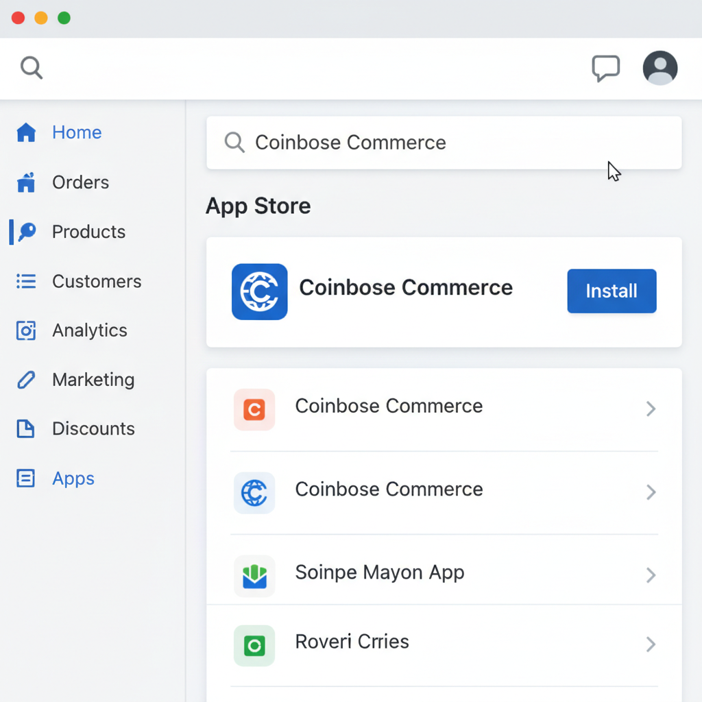 clean screenshot of Shopify admin dashboard app store search bar typing 'Coinbase Commerce', professional UI, blue accents, app results showing Coinbase Commerce first