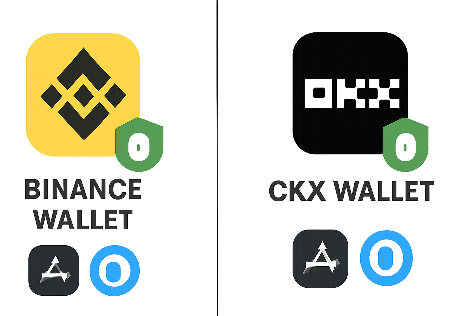 A split-screen showing the Binance Wallet and OKX Wallet logos with app store and browser extension icons, emphasizing security.