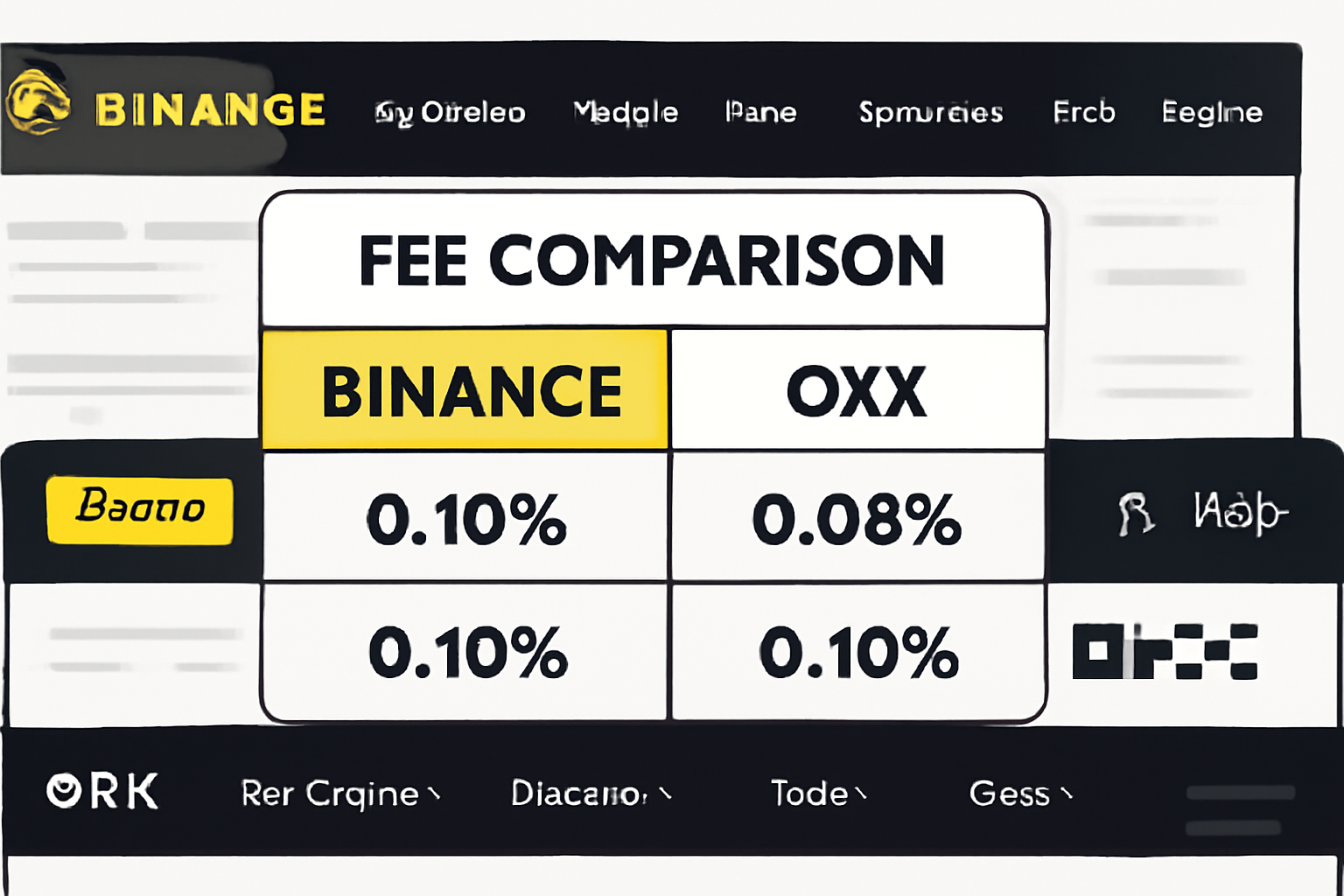 Fee comparison chart overlaying Binance and OKX interfaces, with highlighted support/help buttons and user interface elements.