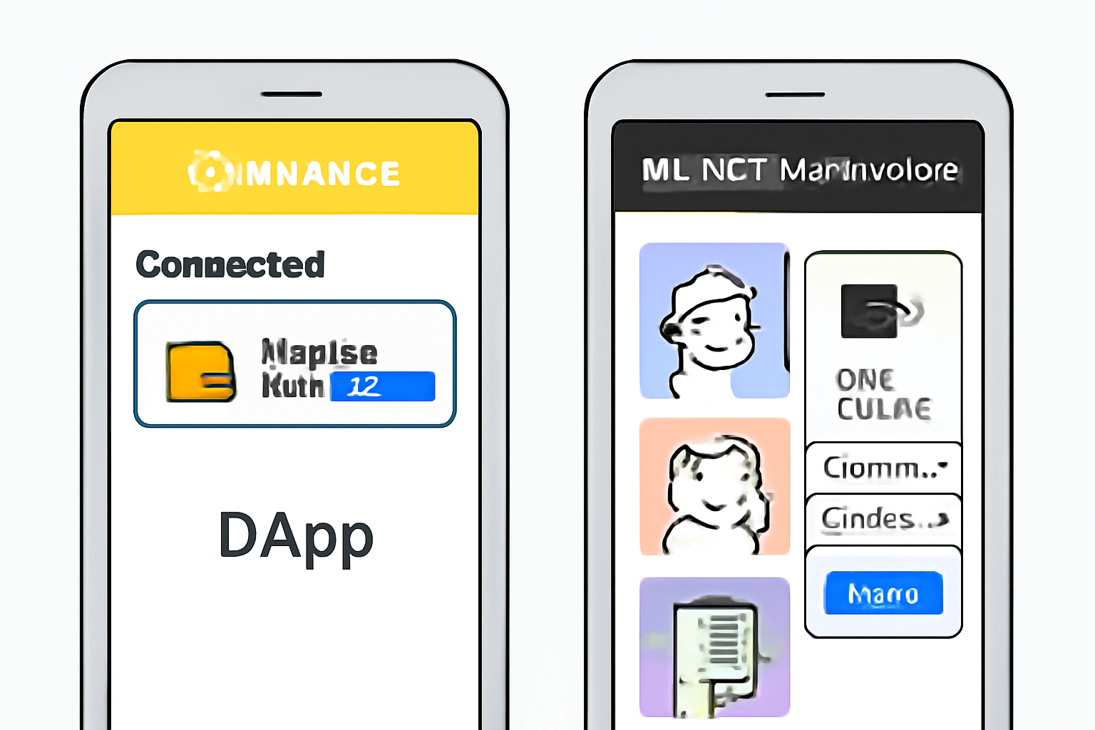Binance Wallet connected to a DApp, OKX Wallet displaying NFT marketplace and cross-chain swap interface, side-by-side.
