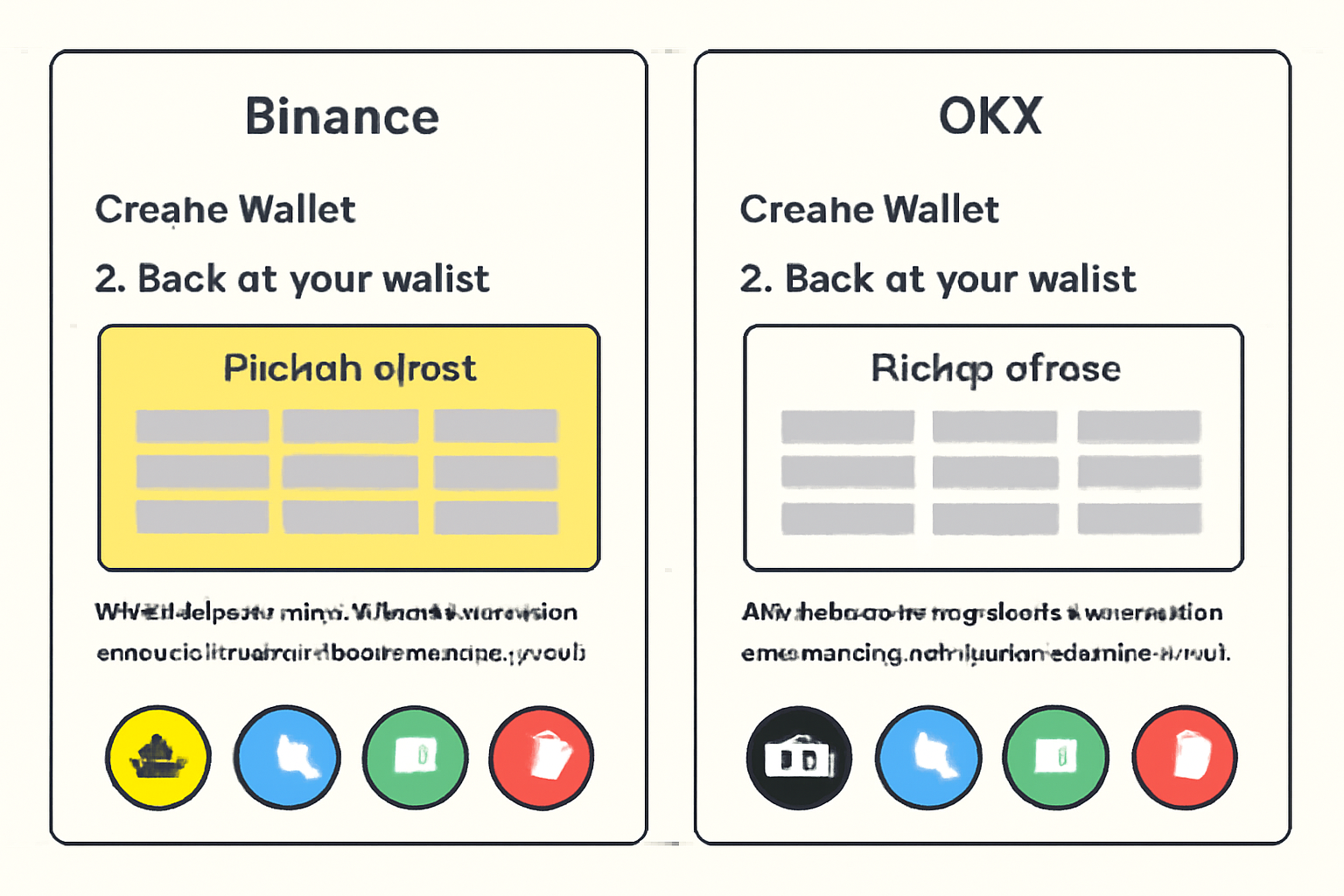 Side-by-side comparison of Binance and OKX wallet creation screens, highlighting backup phrase steps and multi-chain icons.