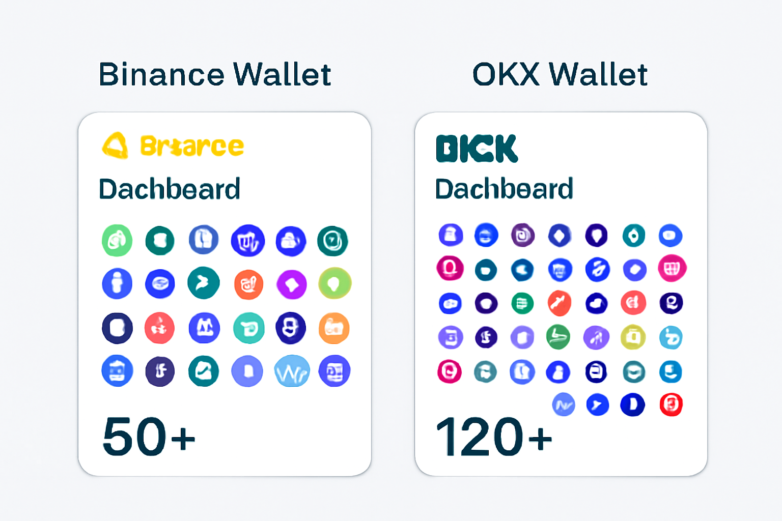 Binance Wallet dashboard showing 50+ blockchain icons vs OKX Wallet dashboard with 120+ blockchain icons, visually contrasting network support.
