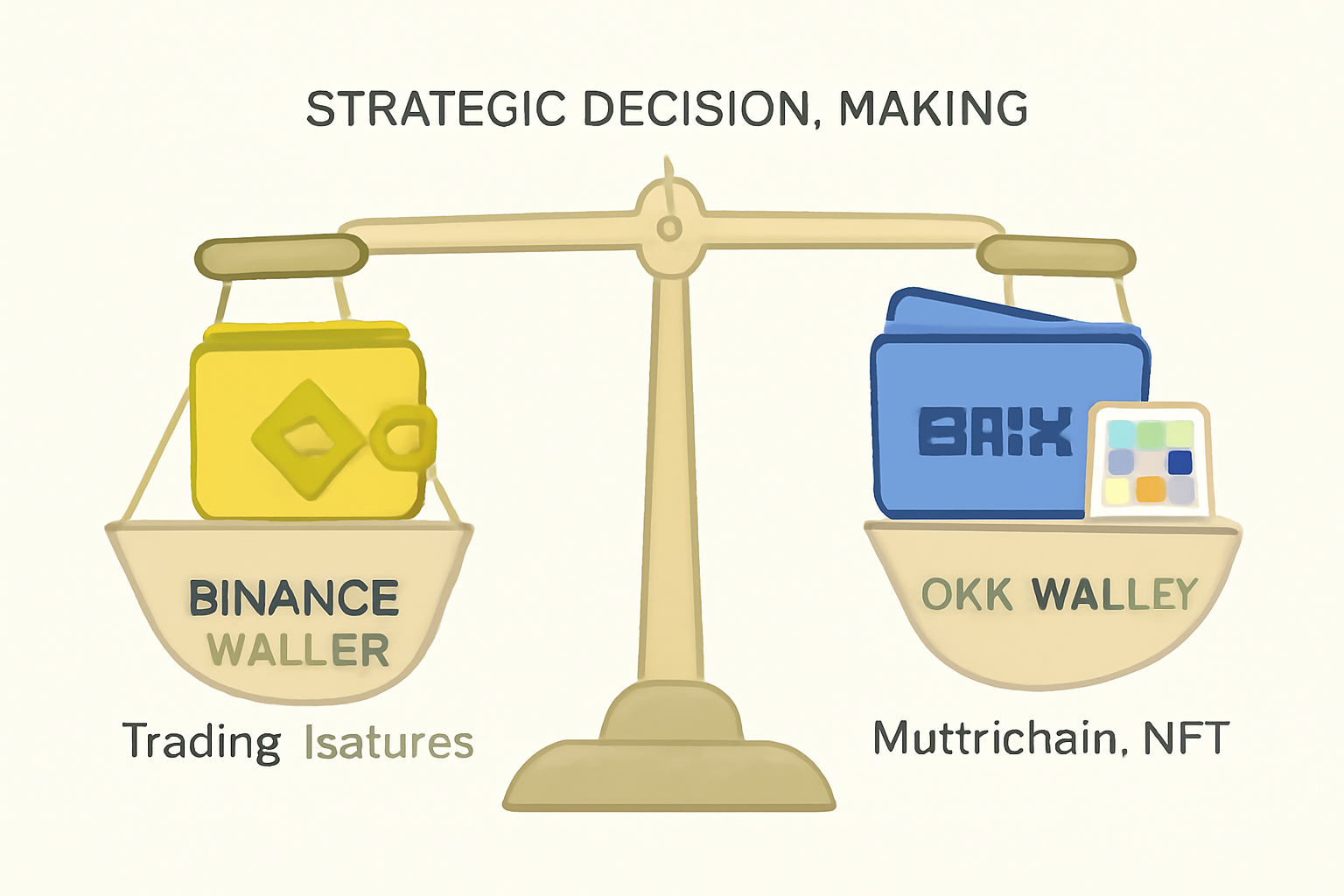 A balanced scale with Binance Wallet on one side (trading features) and OKX Wallet on the other (multi-chain, NFT), representing strategic decision-making.