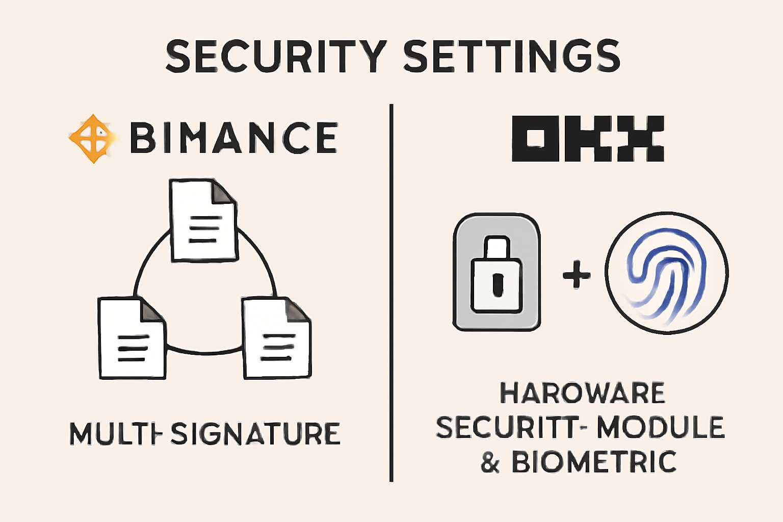 Visual comparison of security settings: Binance showing multi-signature setup, OKX highlighting hardware security module and biometric options.