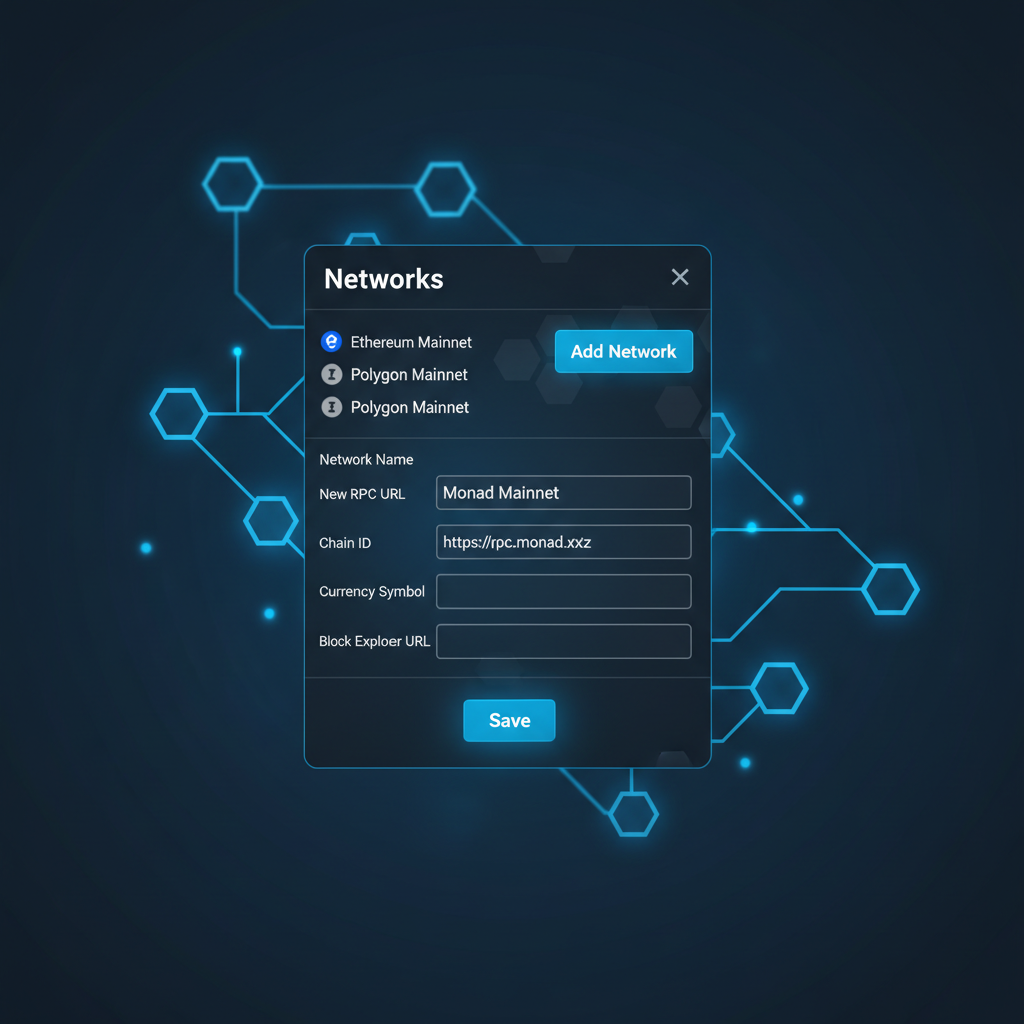 sleek MetaMask interface adding Monad Mainnet RPC, glowing blue blockchain nodes, futuristic UI screenshot