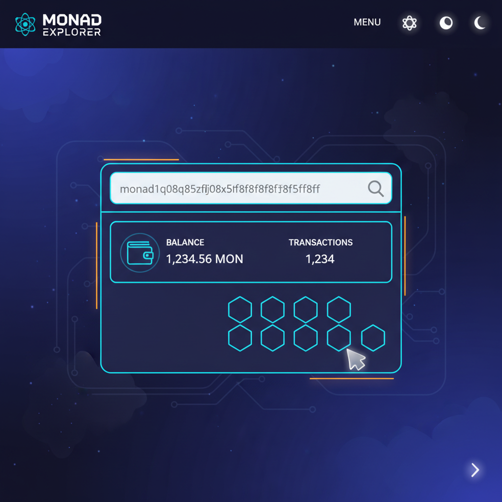 Monad explorer homepage with wallet address pasted in search bar, results showing balance, dark mode sci-fi theme