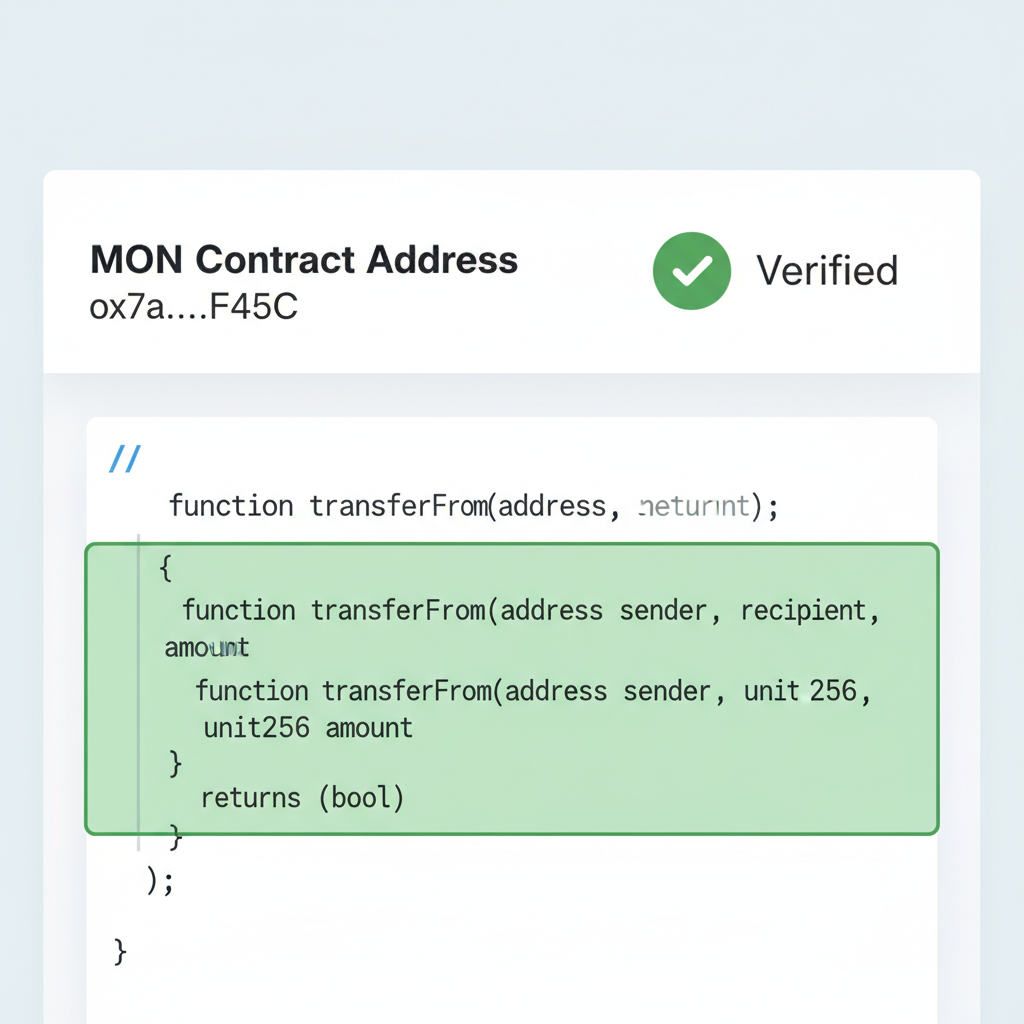 close-up explorer token detail page verifying MON contract address, green verified badge, code snippet highlight