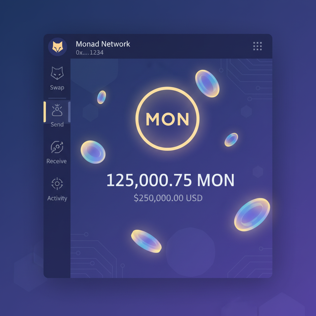 MetaMask wallet screen on Monad network displaying MON token balance, holographic tokens floating, clean dashboard view