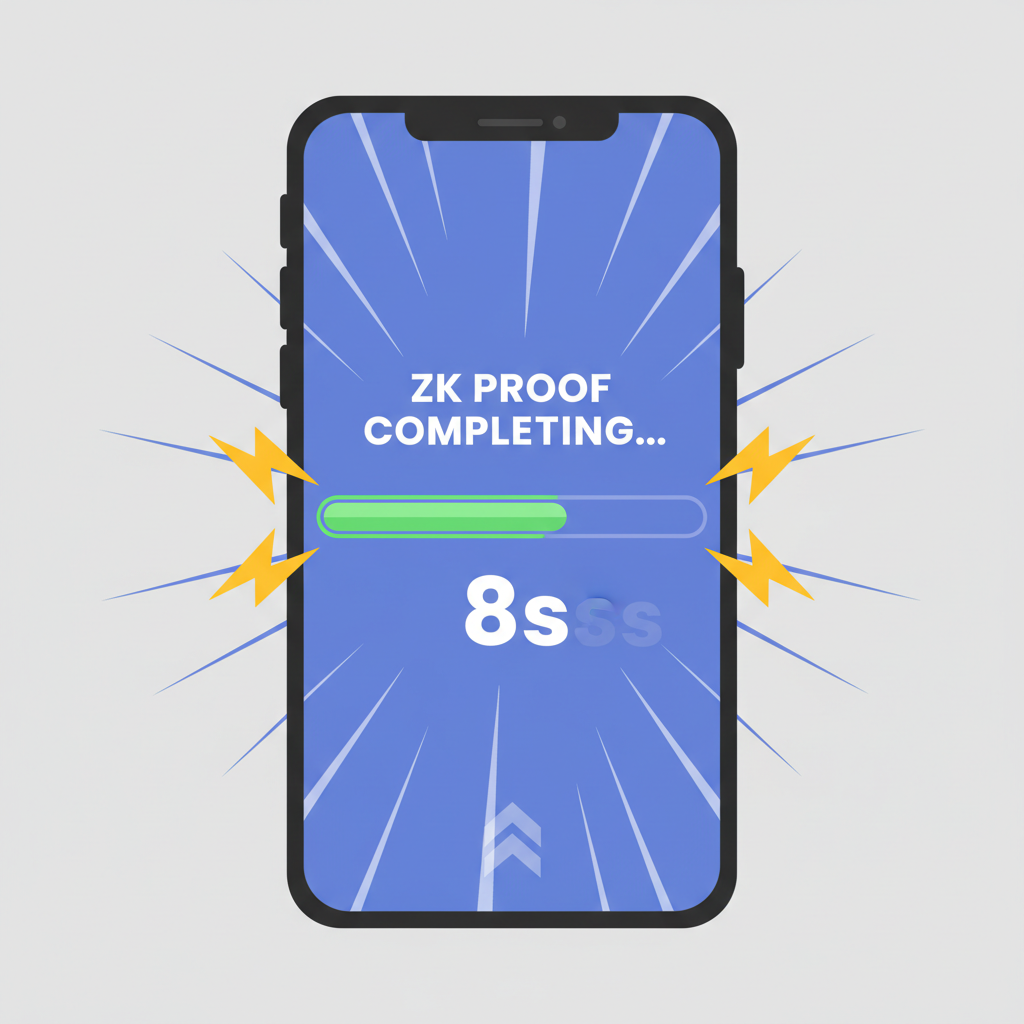 smartphone progress bar completing ZK proof in 8s, lightning bolt effects, speed lines