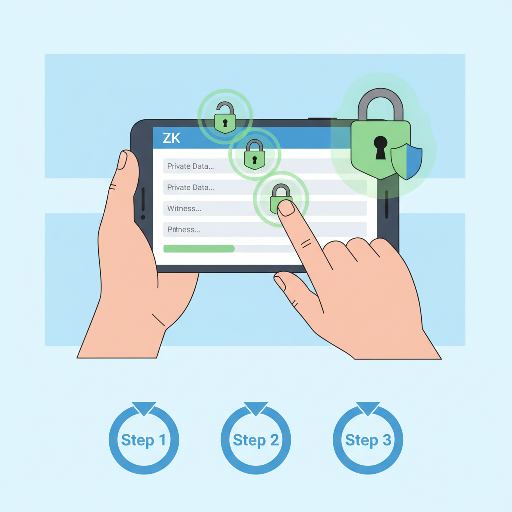 user fingers on smartphone entering data into ZK form, secure lock icons