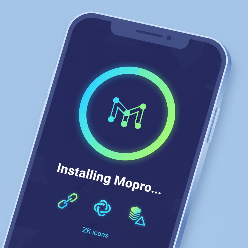 smartphone screen installing Mopro app, futuristic ZK icons, vibrant blues and greens