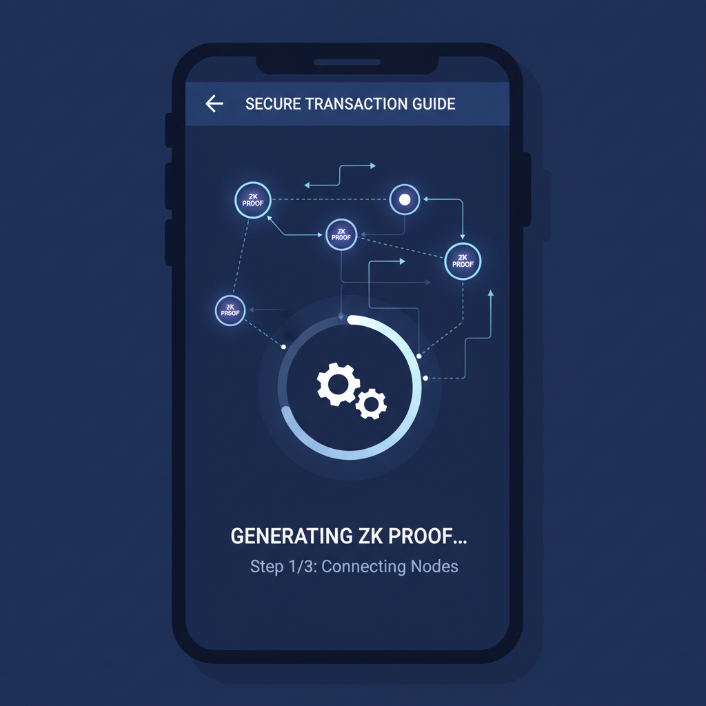 mobile app interface loading glowing circuit diagram, ZK proof nodes connecting