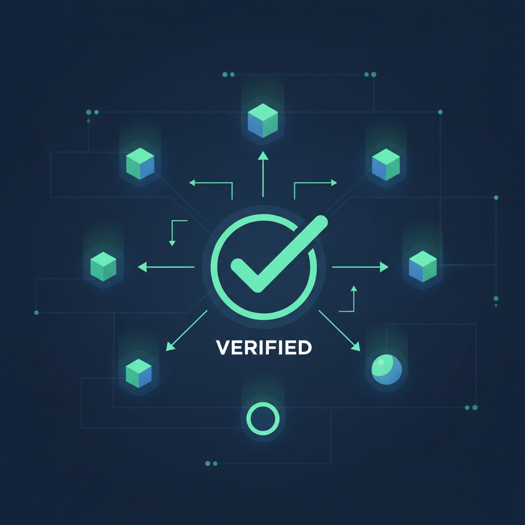 blockchain nodes verifying green checkmark proof, decentralized network glow