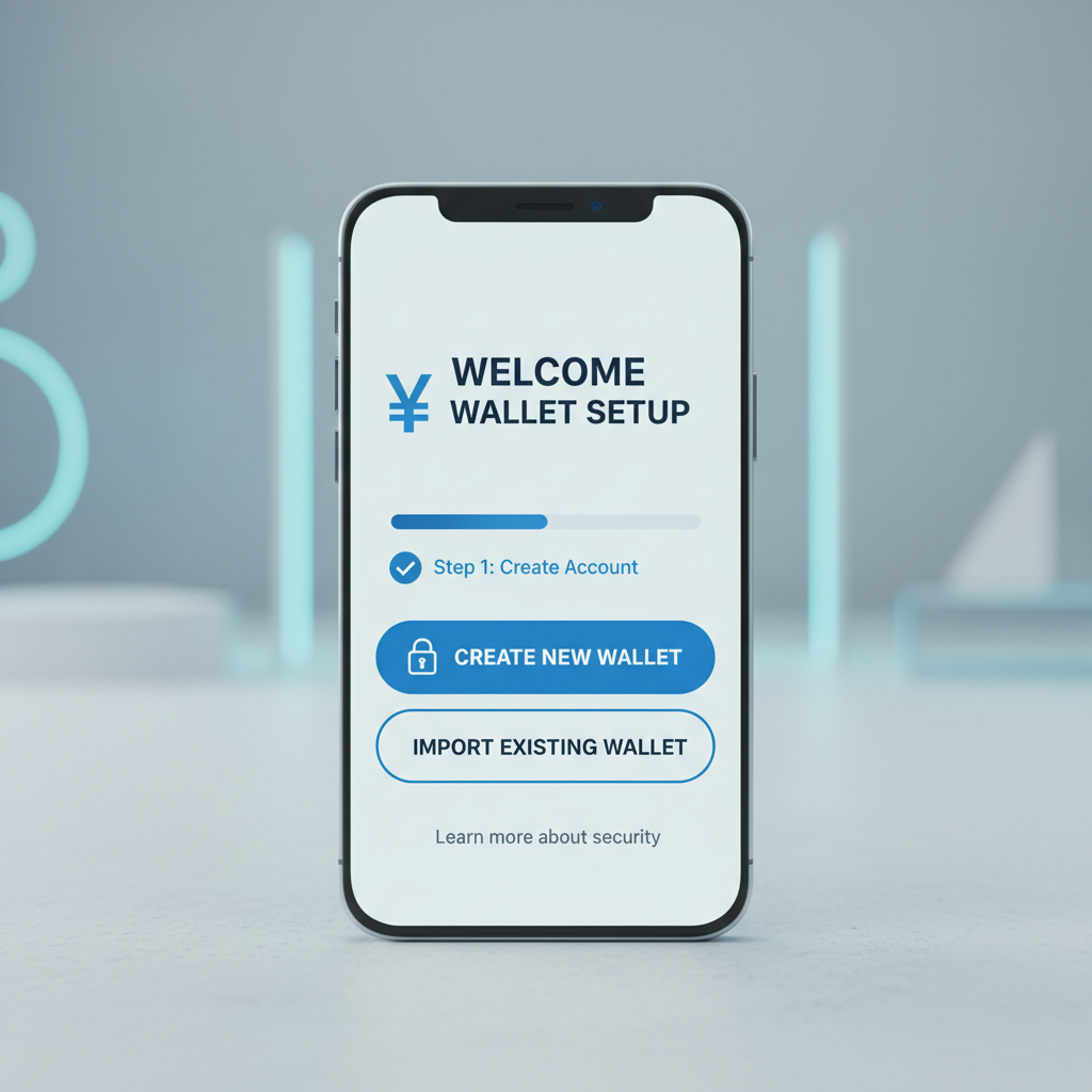 clean modern crypto wallet app interface on smartphone, professional setup screen, blue yen tones, minimalist