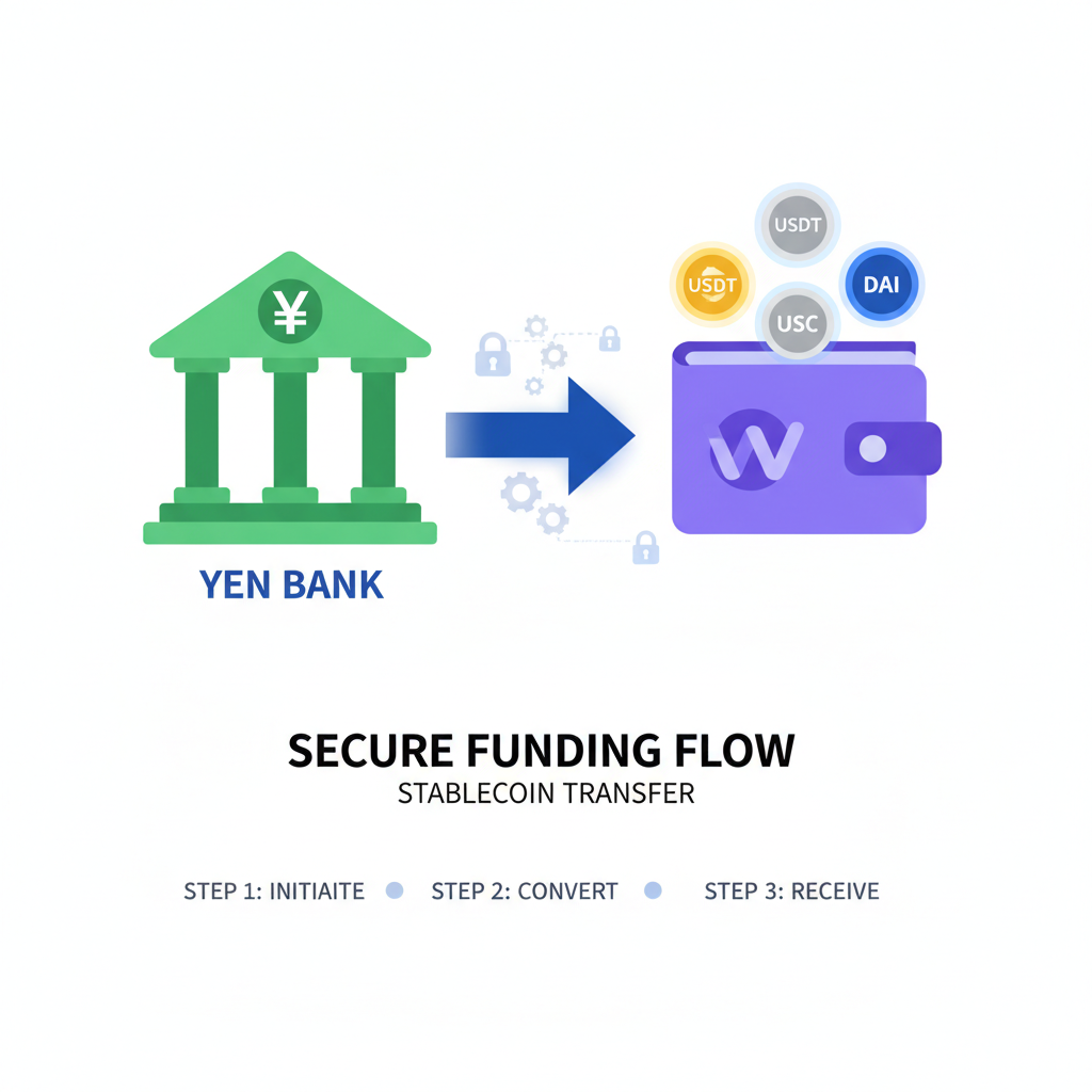 money transfer arrow from yen bank to digital wallet, stablecoin icons glowing, secure funding flow diagram