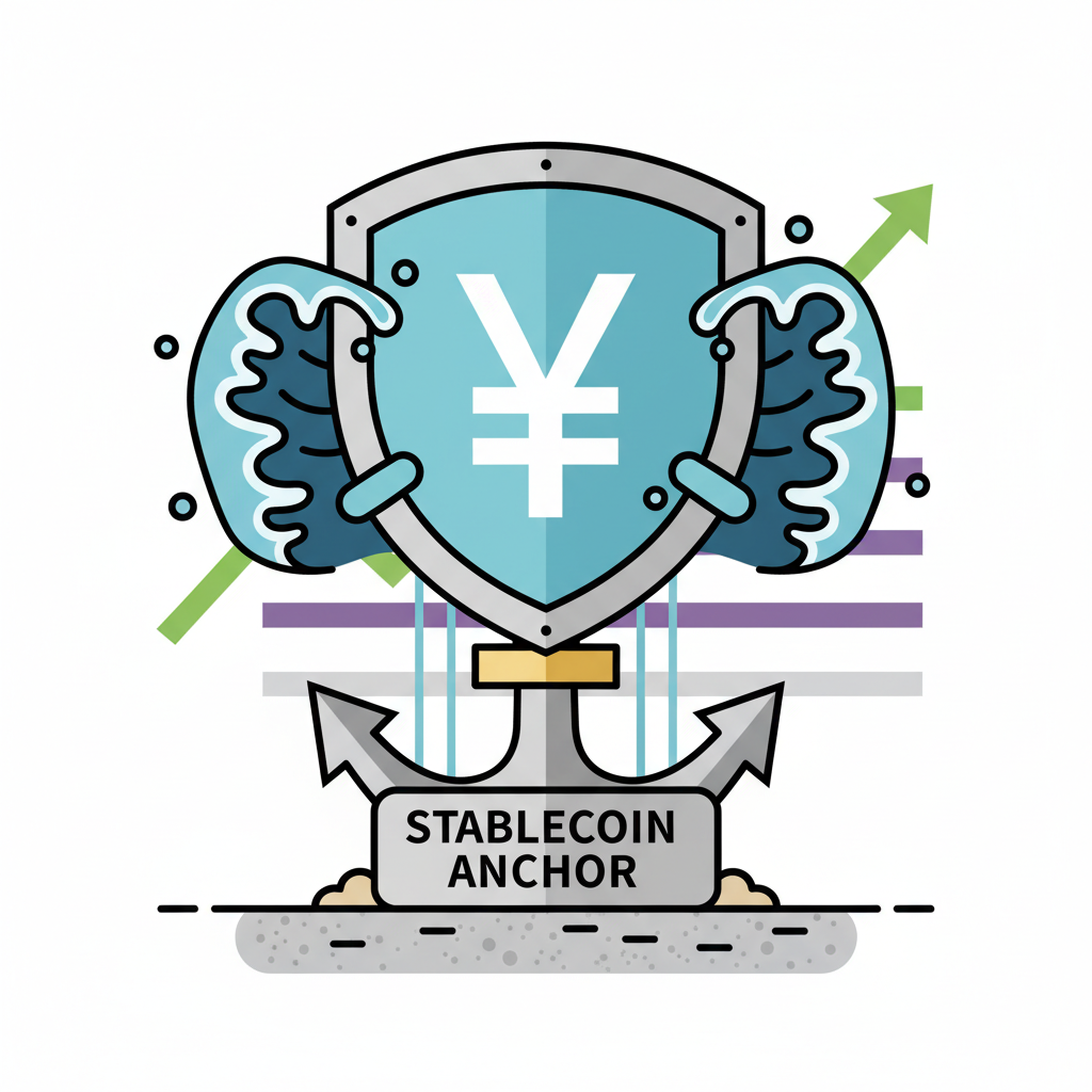 shield protecting yen symbol from volatility waves, stablecoin anchor holding firm, strategic chart background