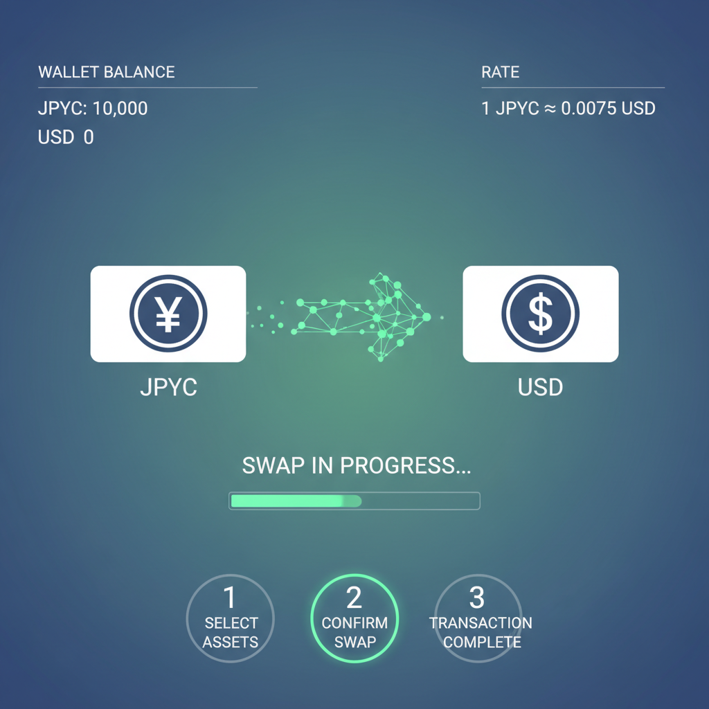 smooth stablecoin exchange platform dashboard, JPYC to USD swap animation, hub interface glowing green