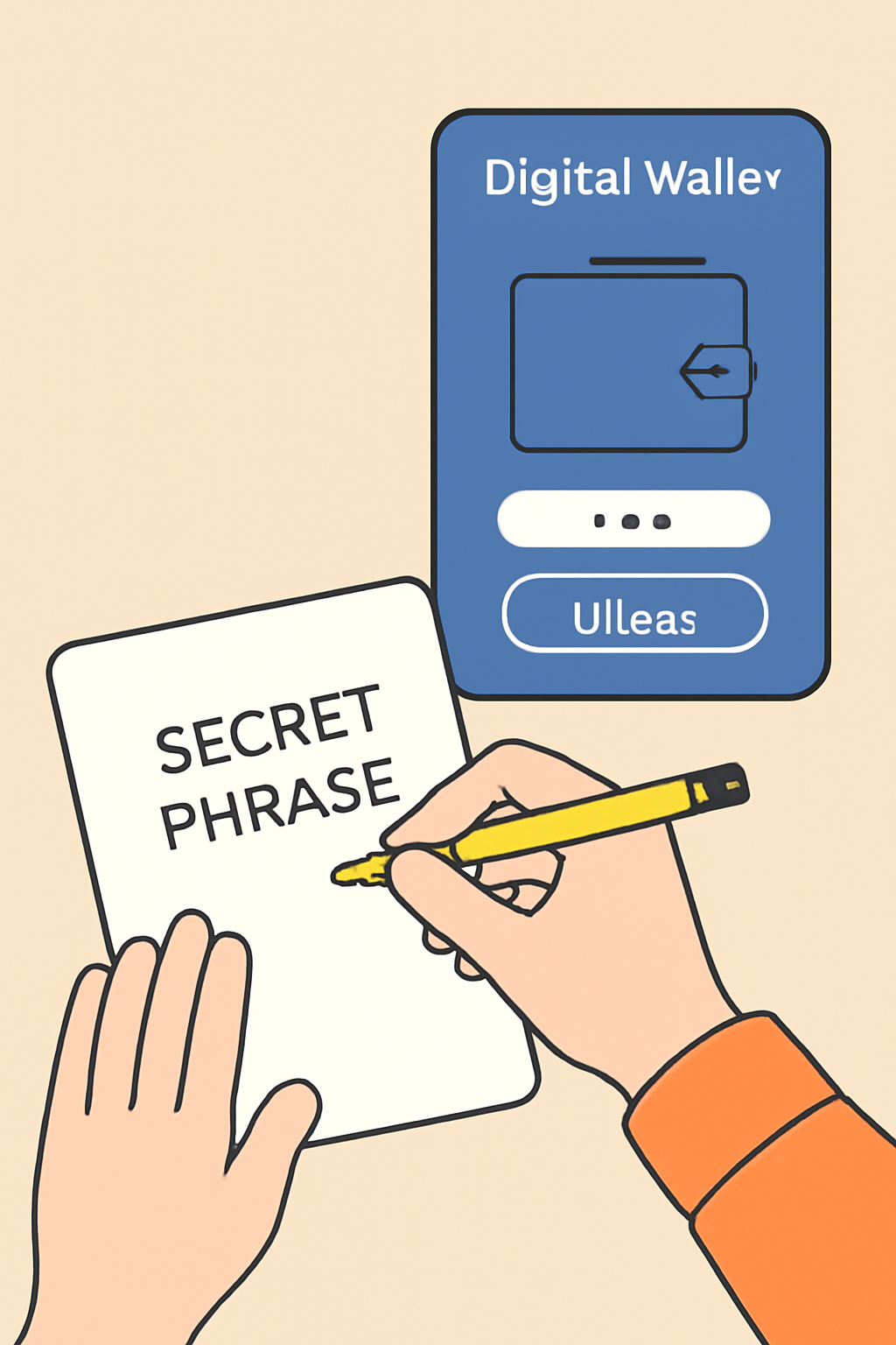 A user writing down a secret phrase on paper, with a digital wallet interface in the background.