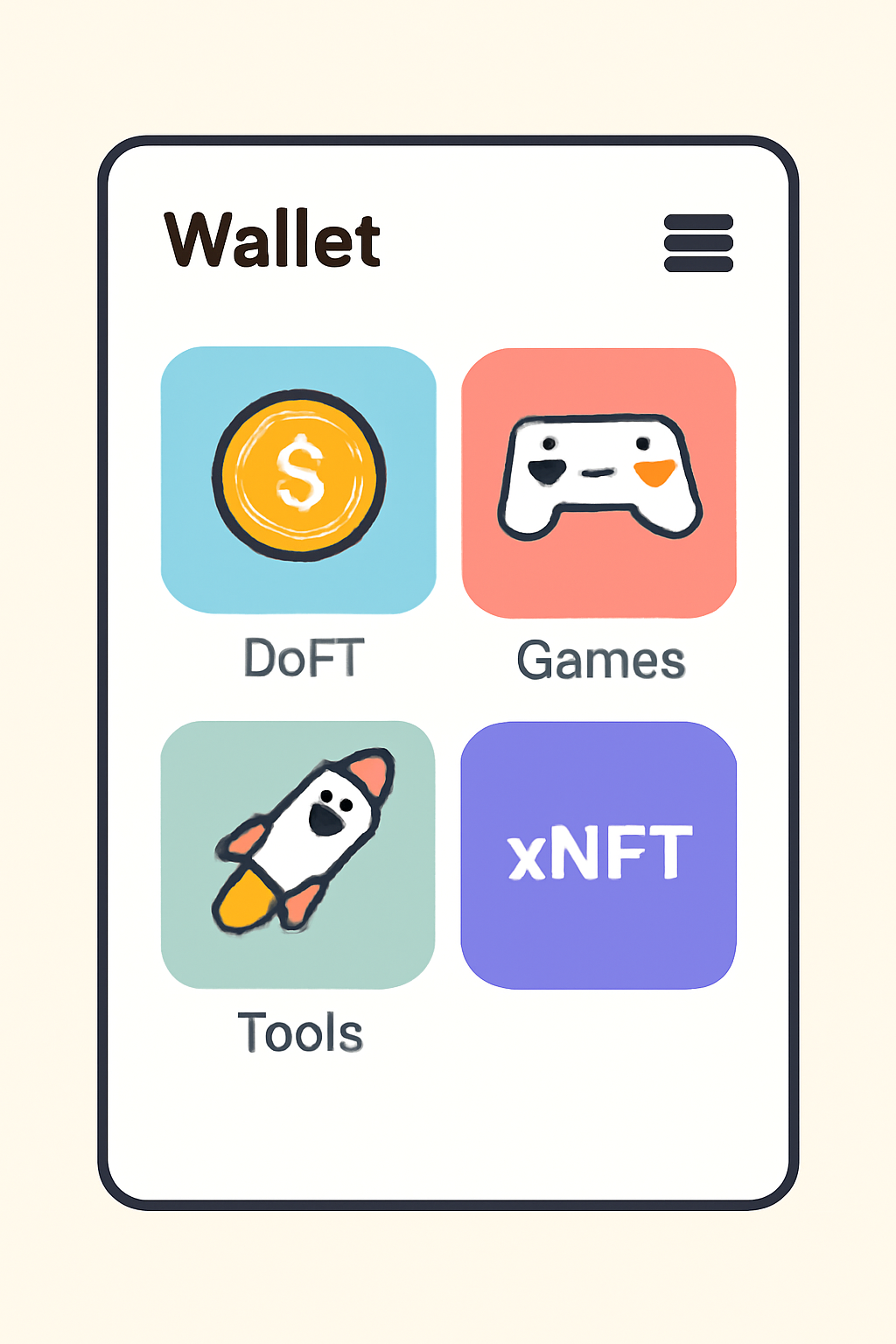 A wallet interface with colorful xNFT app icons, showcasing DeFi, games, and tools inside the wallet.