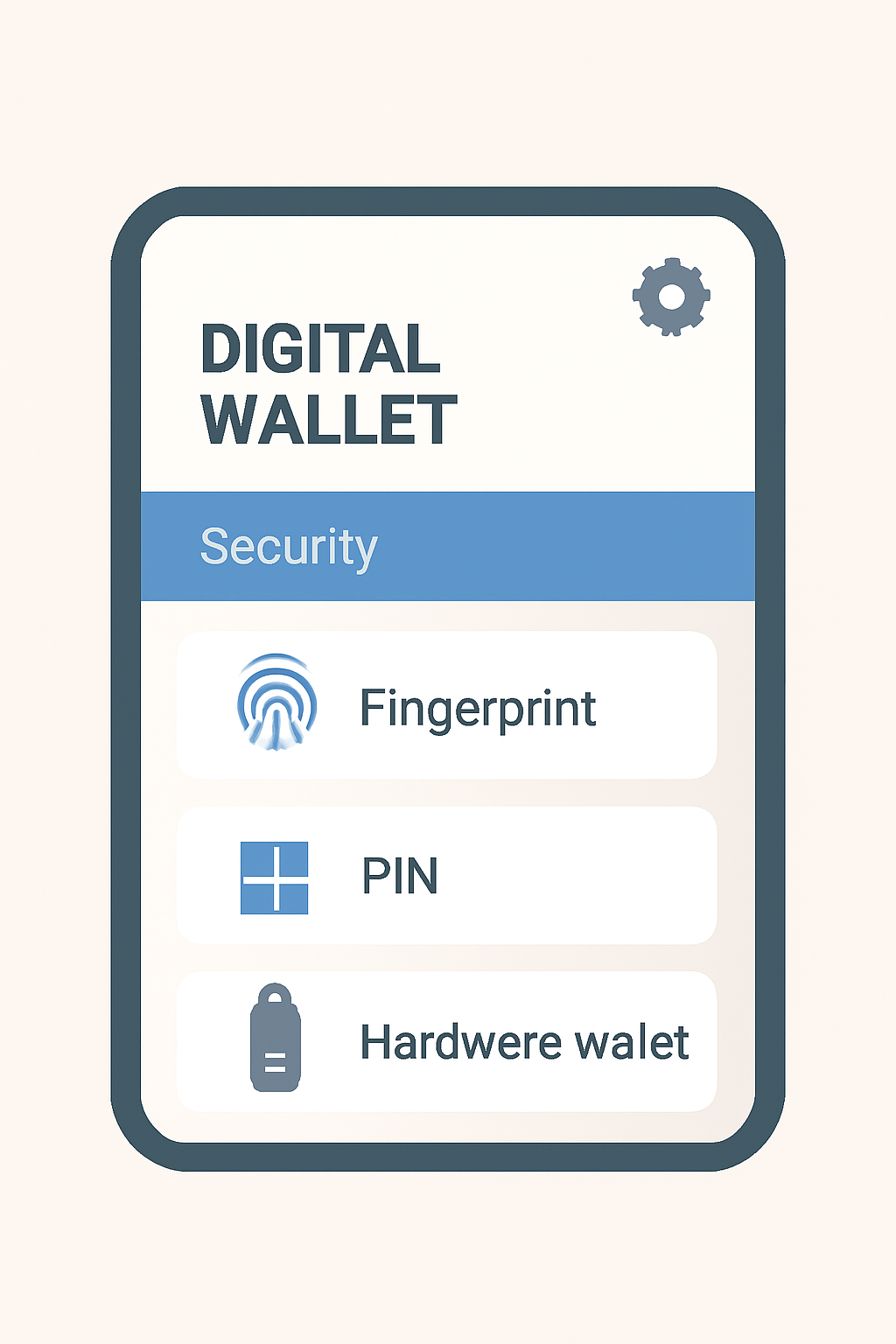 A digital wallet interface showing security settings, with icons for fingerprint, PIN, and a hardware wallet.