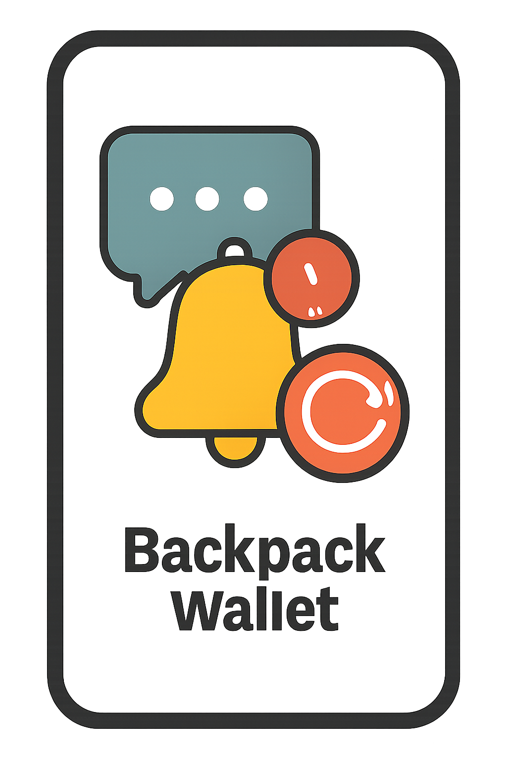 A notification bell and update icon on the Backpack Wallet app, with a community chat bubble in the background.
