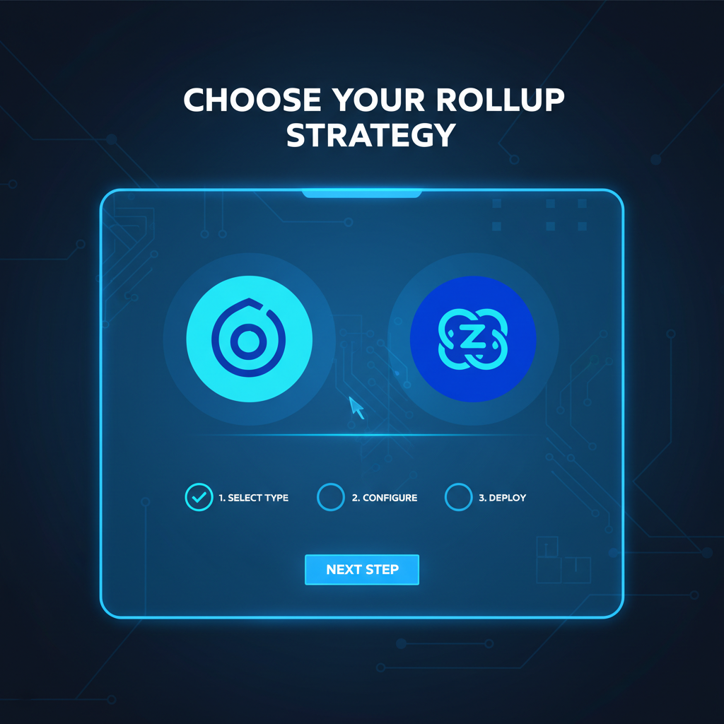 sleek dashboard interface choosing between Optimistic and ZK rollup icons, futuristic blockchain UI, blue neon glow