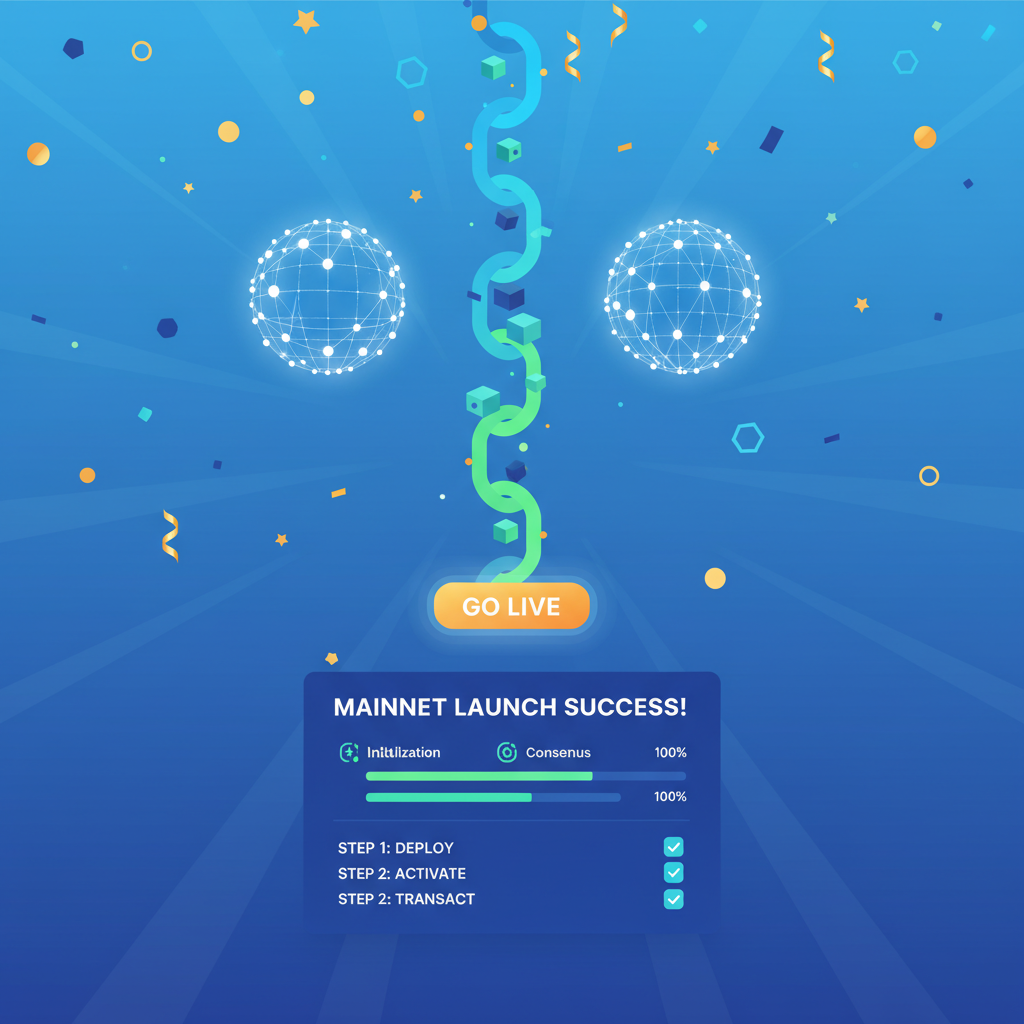 mainnet launch celebration with blockchain going live, confetti and global nodes, vibrant success UI