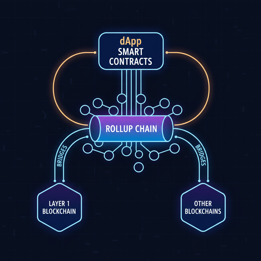 dApp smart contracts linking to rollup chain visualization, bridges and nodes glowing, abstract blockchain network