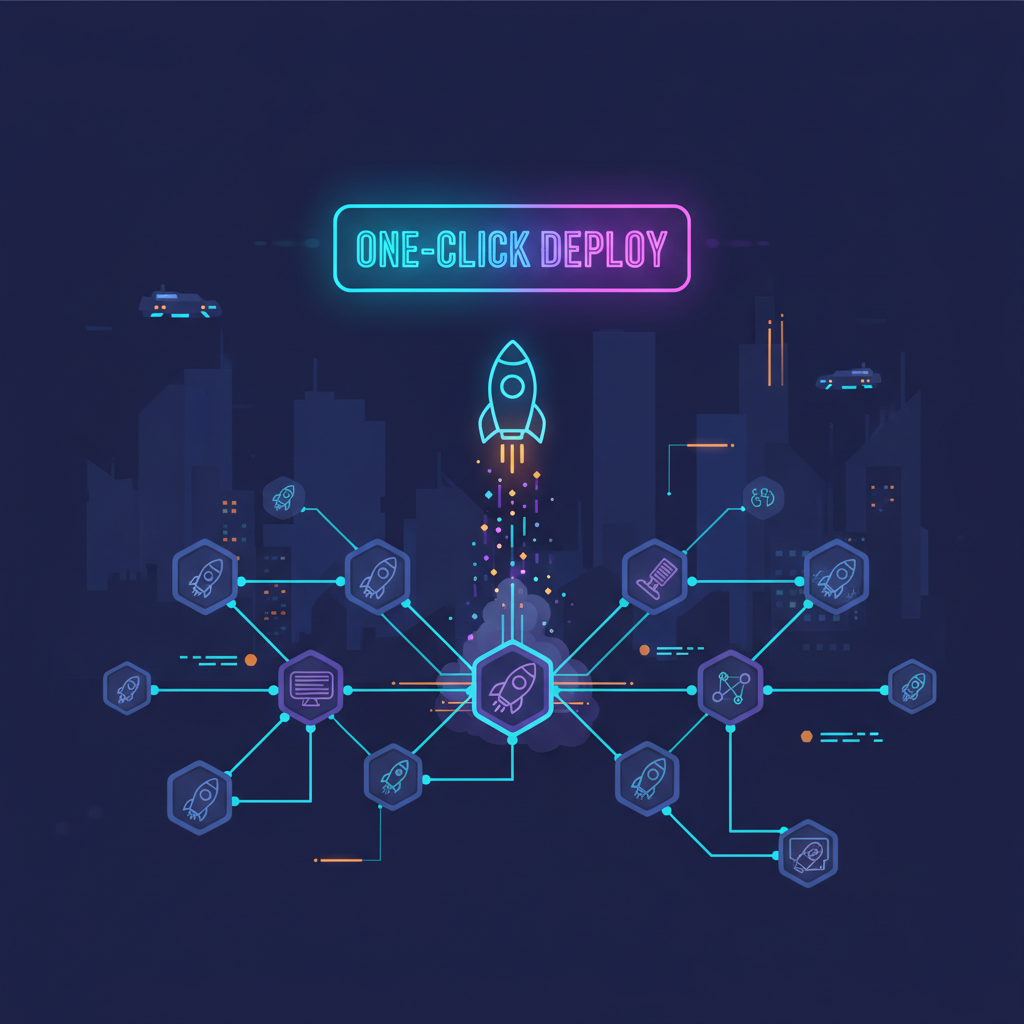 glowing one-click deploy button launching testnet blockchain, rockets and nodes connecting, cyberpunk style