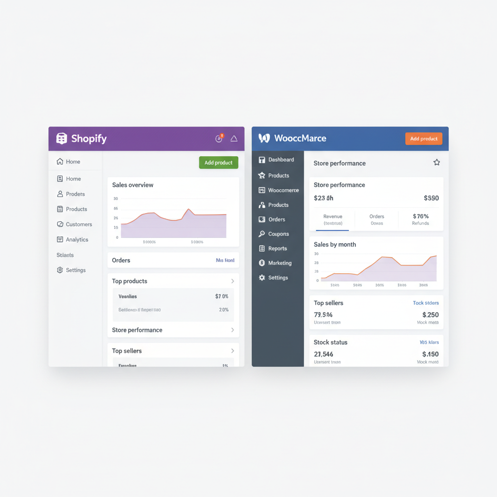 clean dashboard screenshot of Shopify and WooCommerce admin panels side by side, professional e-commerce setup