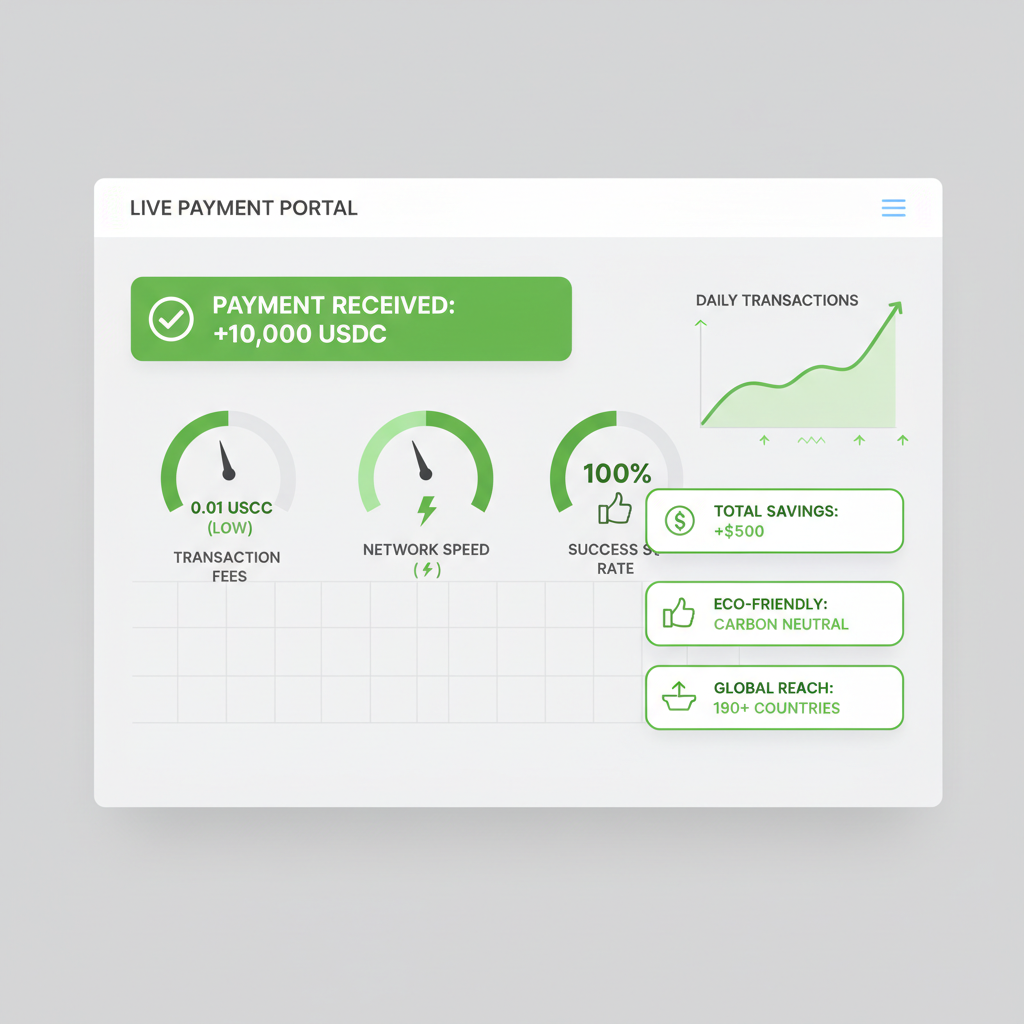 live dashboard showing successful USDC payment incoming, charts of low fees, green metrics
