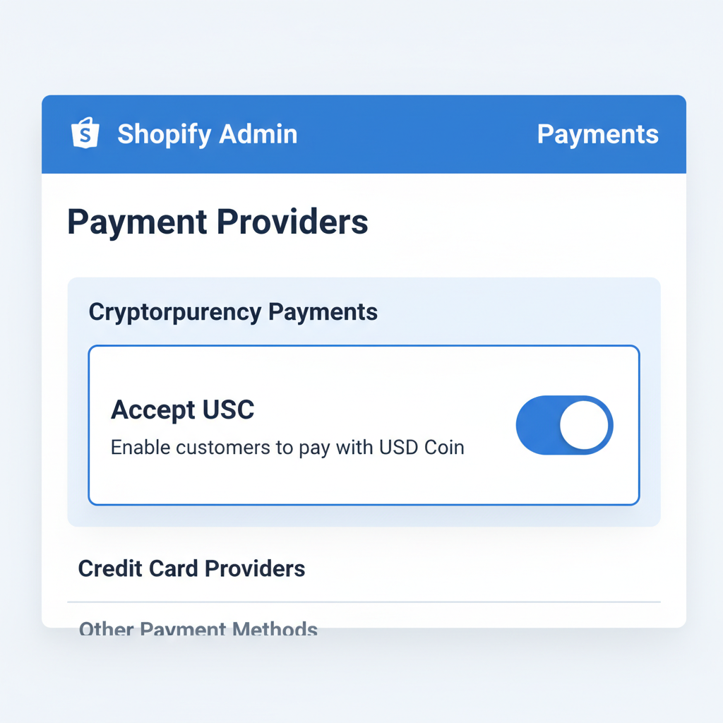 Shopify admin payments settings page highlighting USDC activation toggle, blue and white theme
