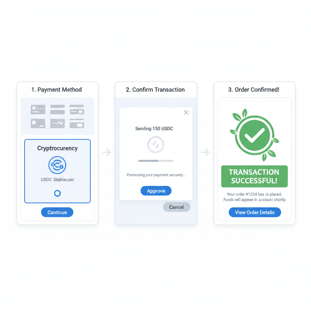 e-commerce checkout page selecting USDC payment, green success confirmation, test transaction flow