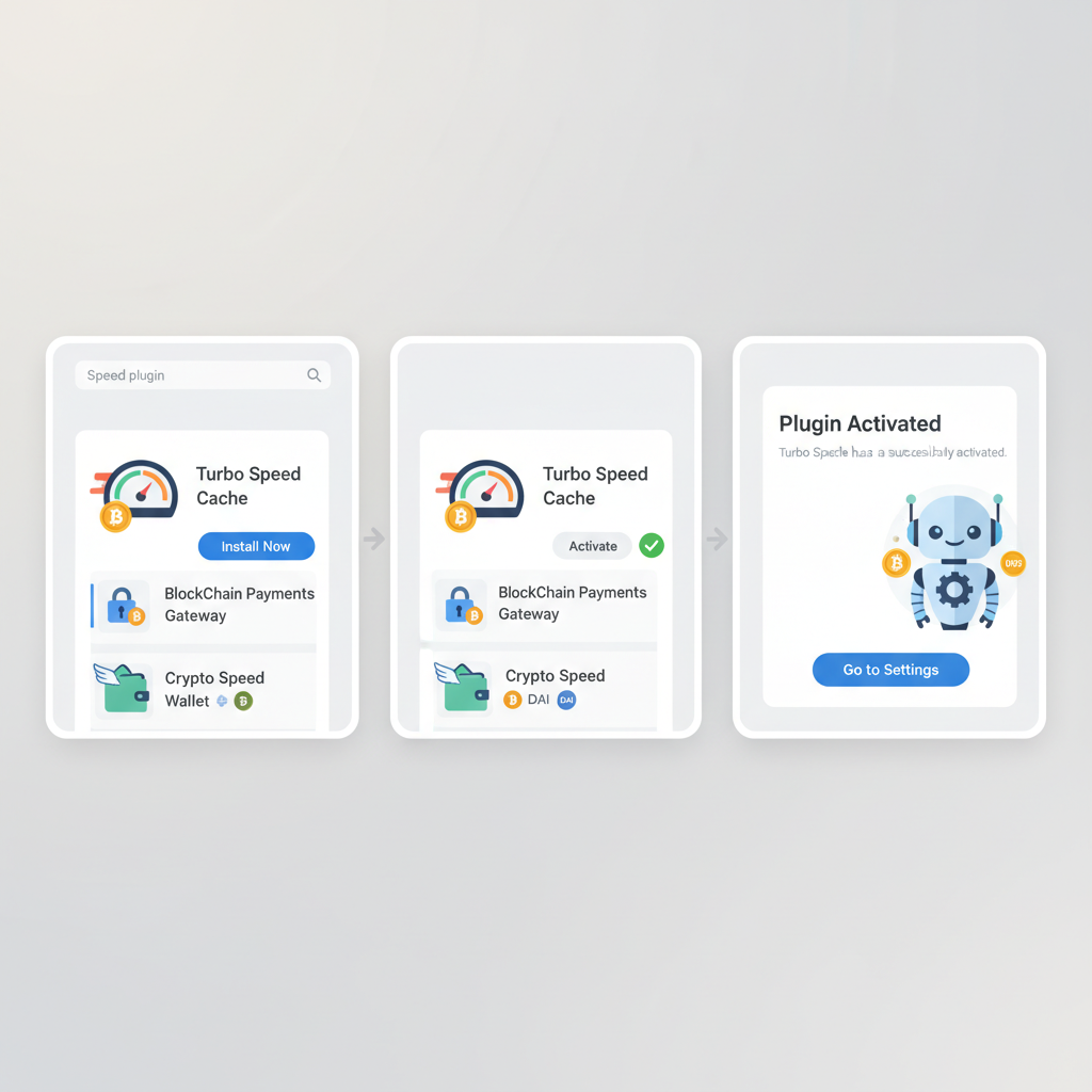WordPress plugin search results for Speed plugin, Bitcoin and stablecoin icons, activation screen